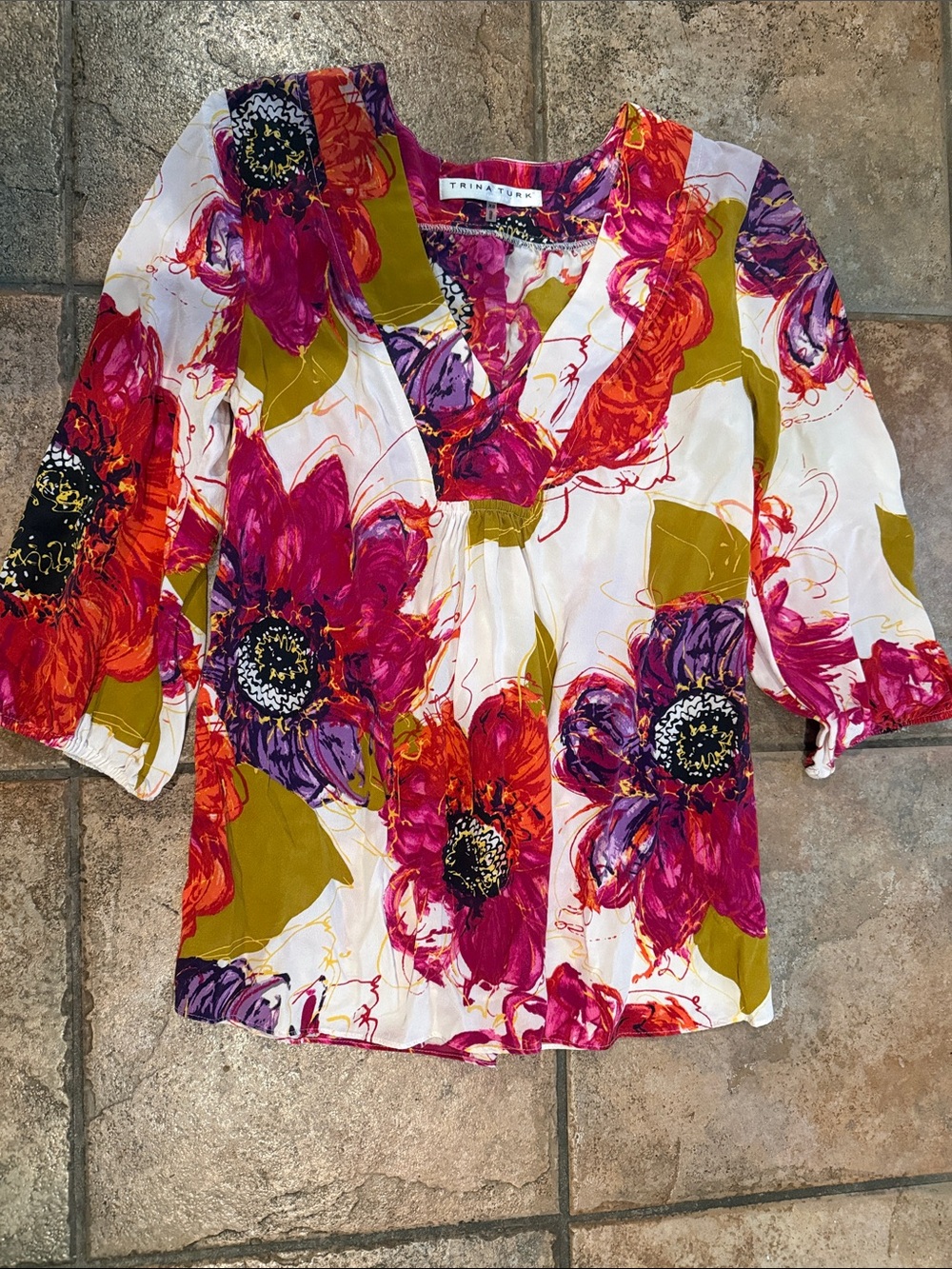 Trina Turk White Floral V-Neck Blouse with Fuchsia, Purple & Olive